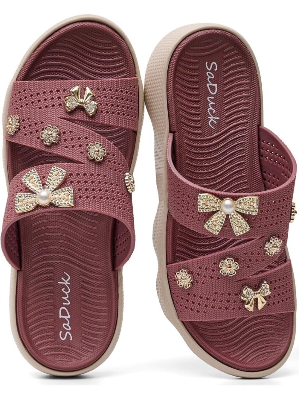Women Pink Decoration Beach Sandals Cute Slip On Summer Slides Sandals Vacation
